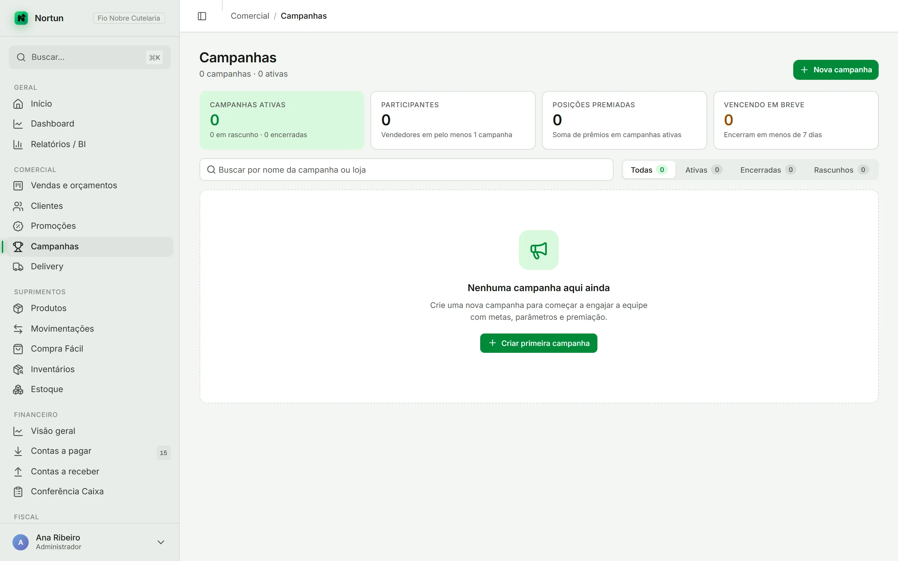 Tela de campanhas com os indicadores de campanhas ativas e participantes, as abas de filtro e os cards de cada campanha