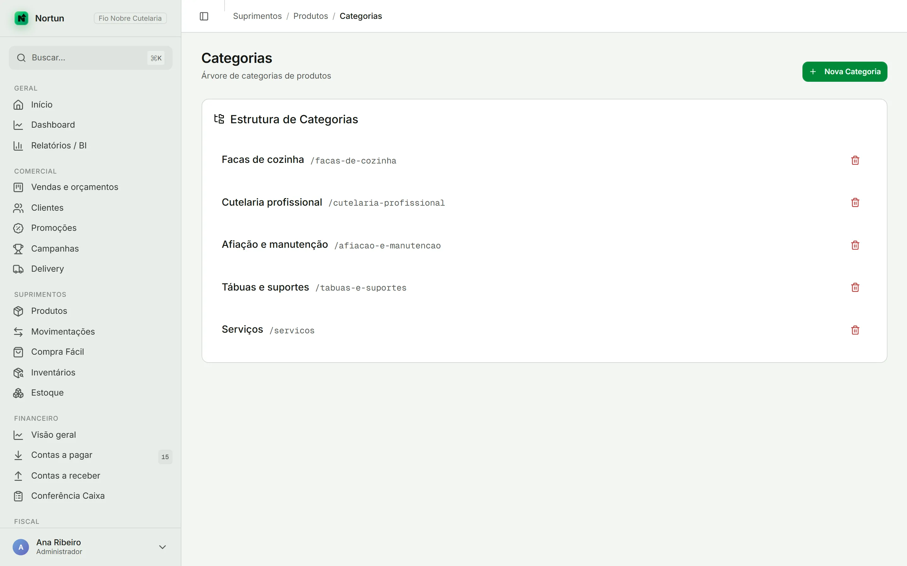 Tela de Categorias mostrando a estrutura com o nome e o endereço de cada categoria e o botão de criar