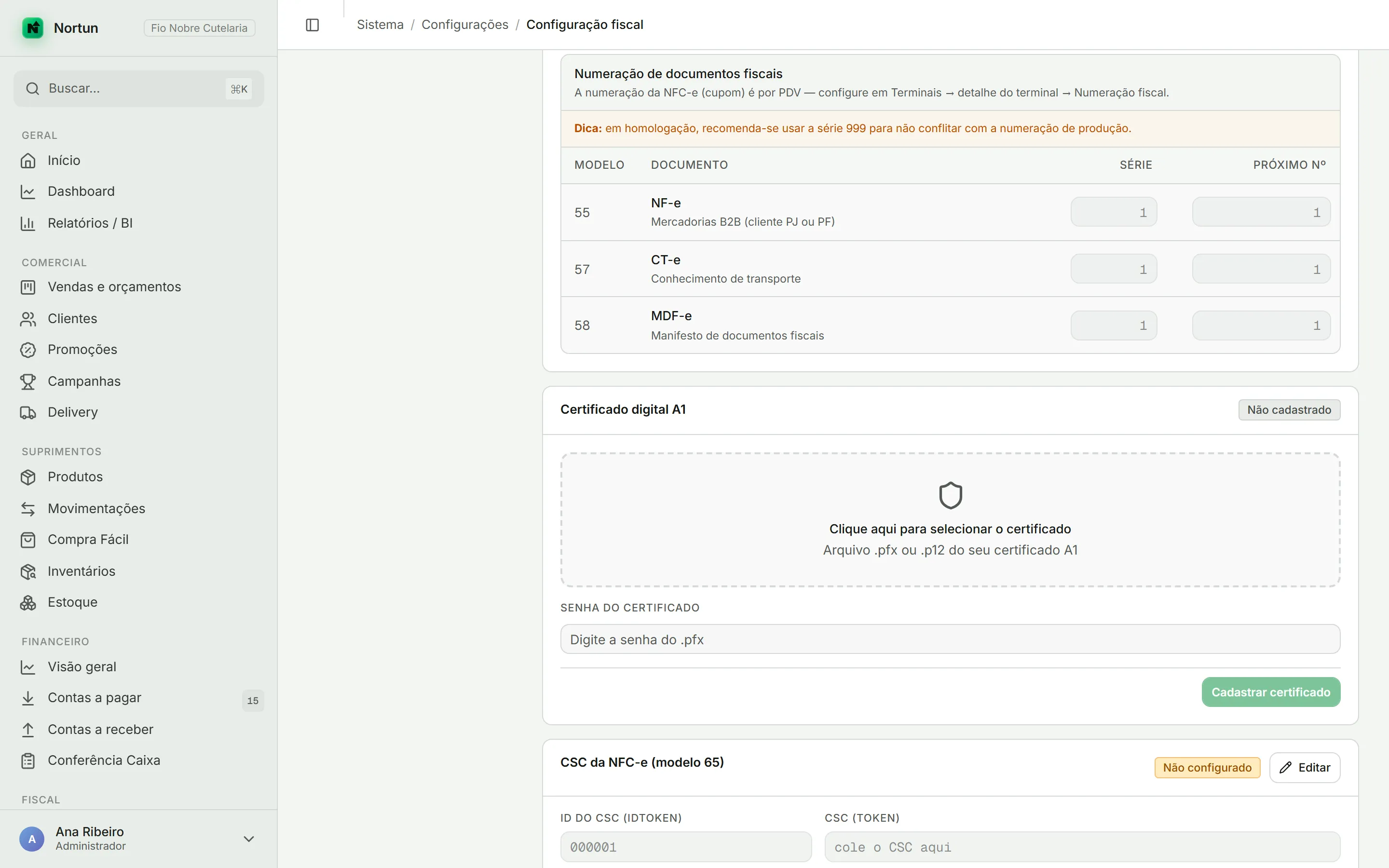 Aba Configuração fiscal mostrando o card Certificado digital A1 com a área de seleção de arquivo, o campo de senha e, abaixo, o card do CSC da NFC-e