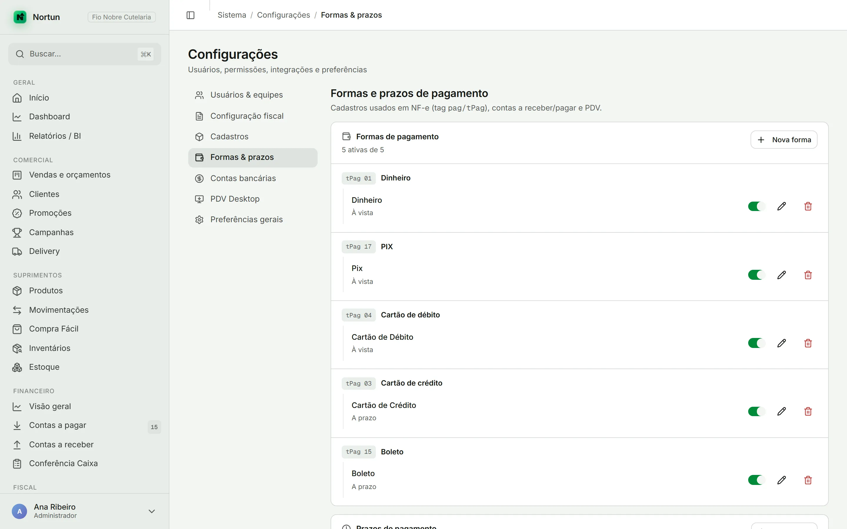Aba de Formas e prazos de pagamento nas Configurações, com a lista de formas cadastradas