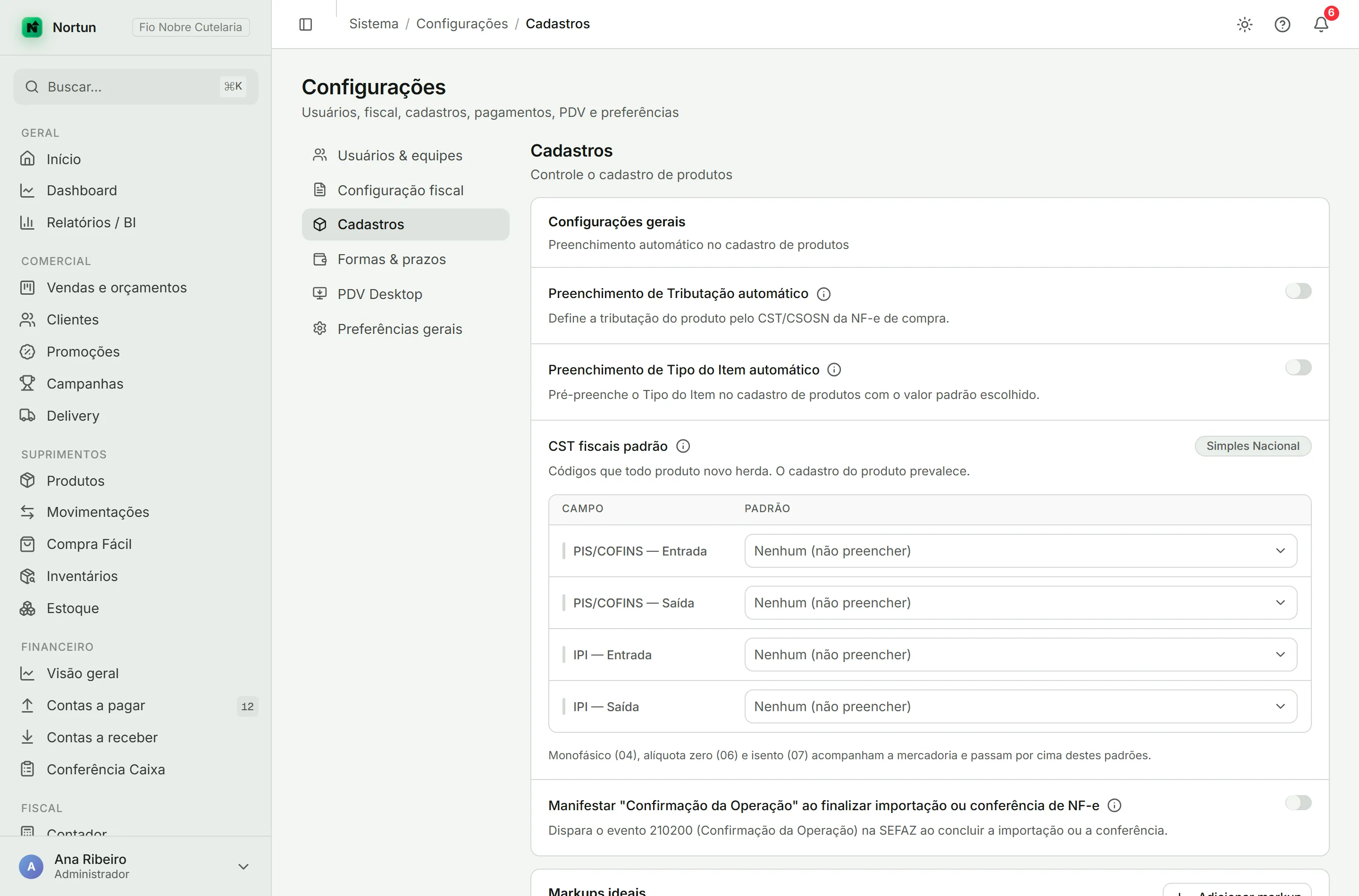 Aba Cadastros das Configurações, com os cards de preenchimento automático, markups ideais, estoque mínimo padrão e campos obrigatórios