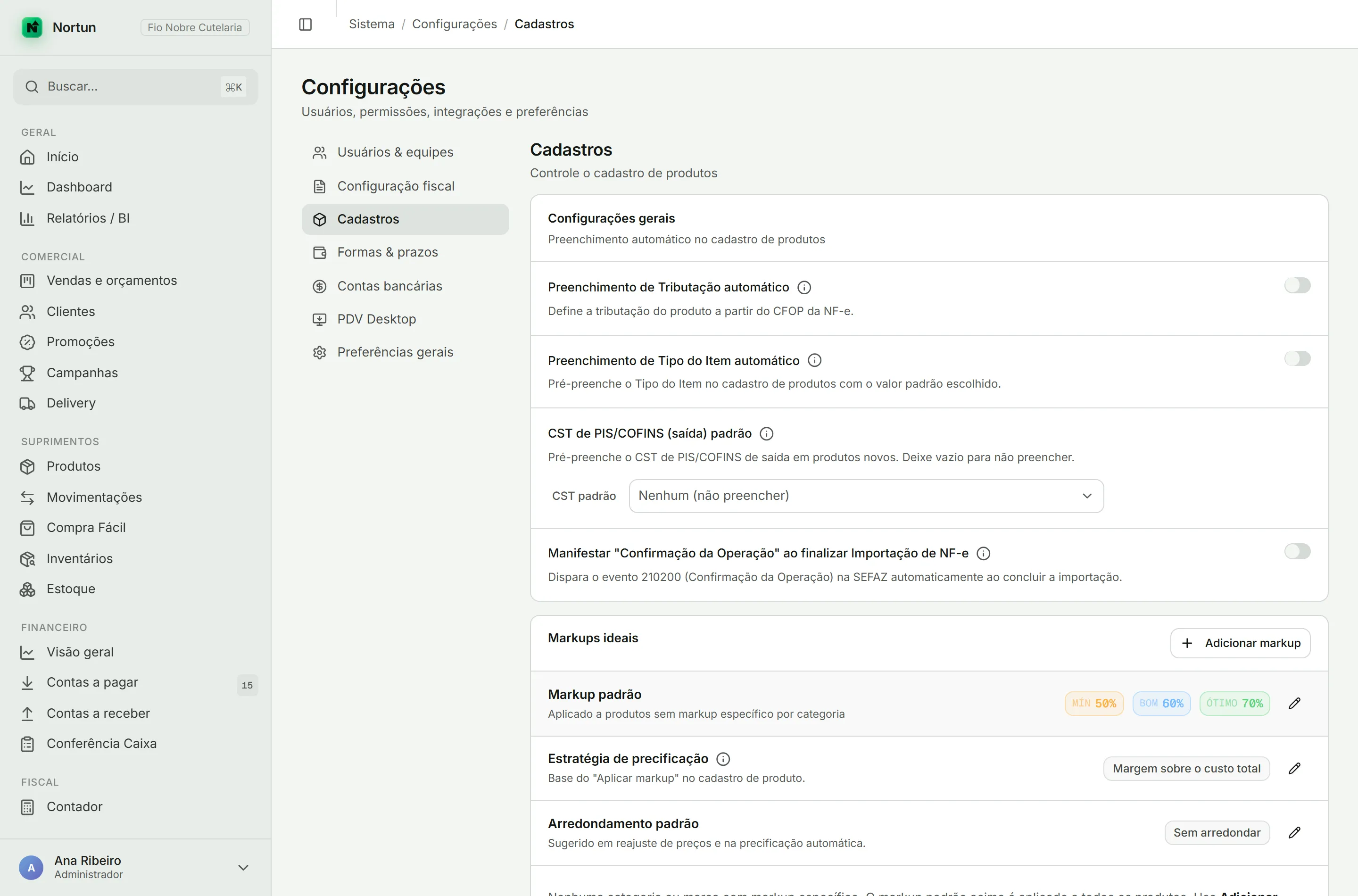 Aba Cadastros das Configurações, com os cards de preenchimento automático, markups ideais, estoque mínimo padrão e campos obrigatórios