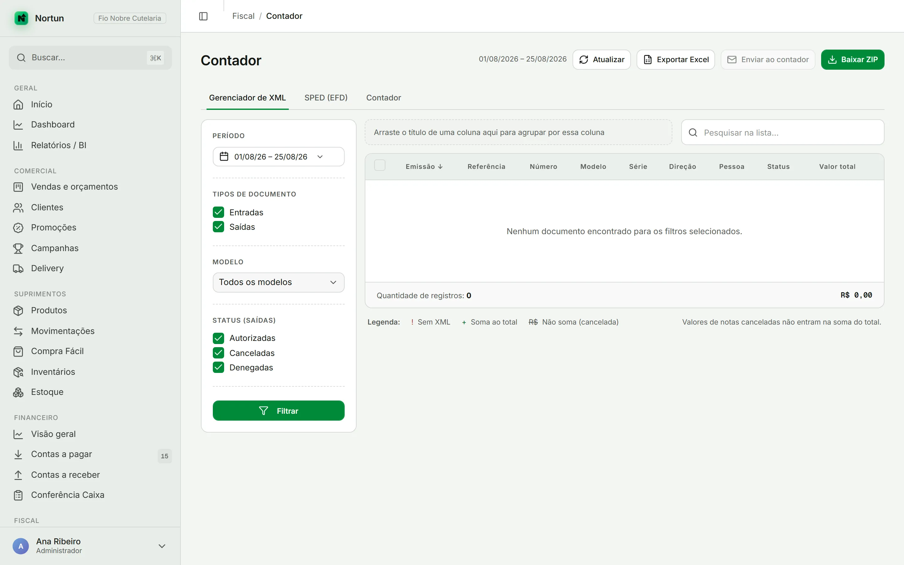 Área do Contador com o gerenciador de XML, os filtros de período e tipo de documento e a lista de notas