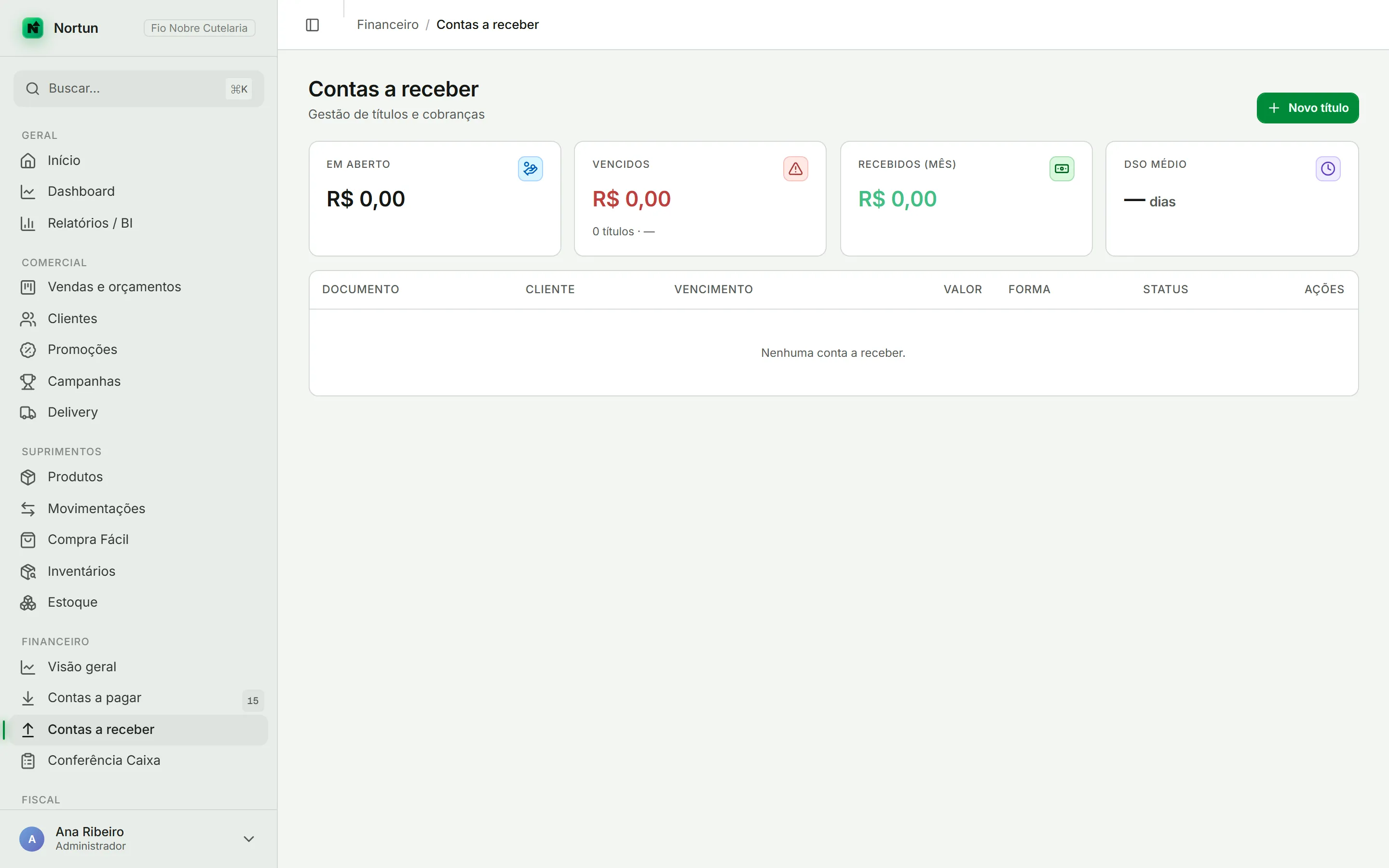 Tela de contas a receber com os indicadores de em aberto, vencidos e recebidos no mês, e a lista de títulos