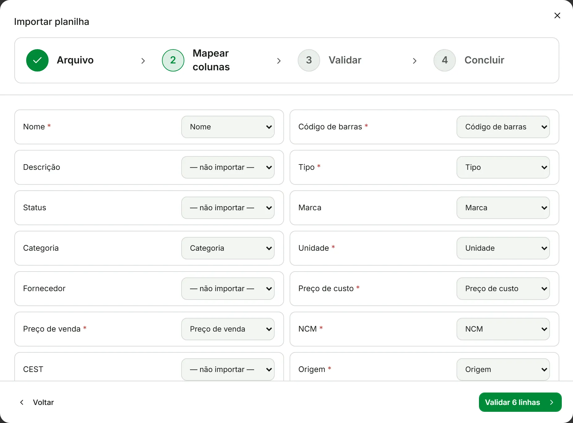 Segunda etapa, mostrando cada campo do sistema com a coluna da planilha correspondente e a prévia das primeiras linhas