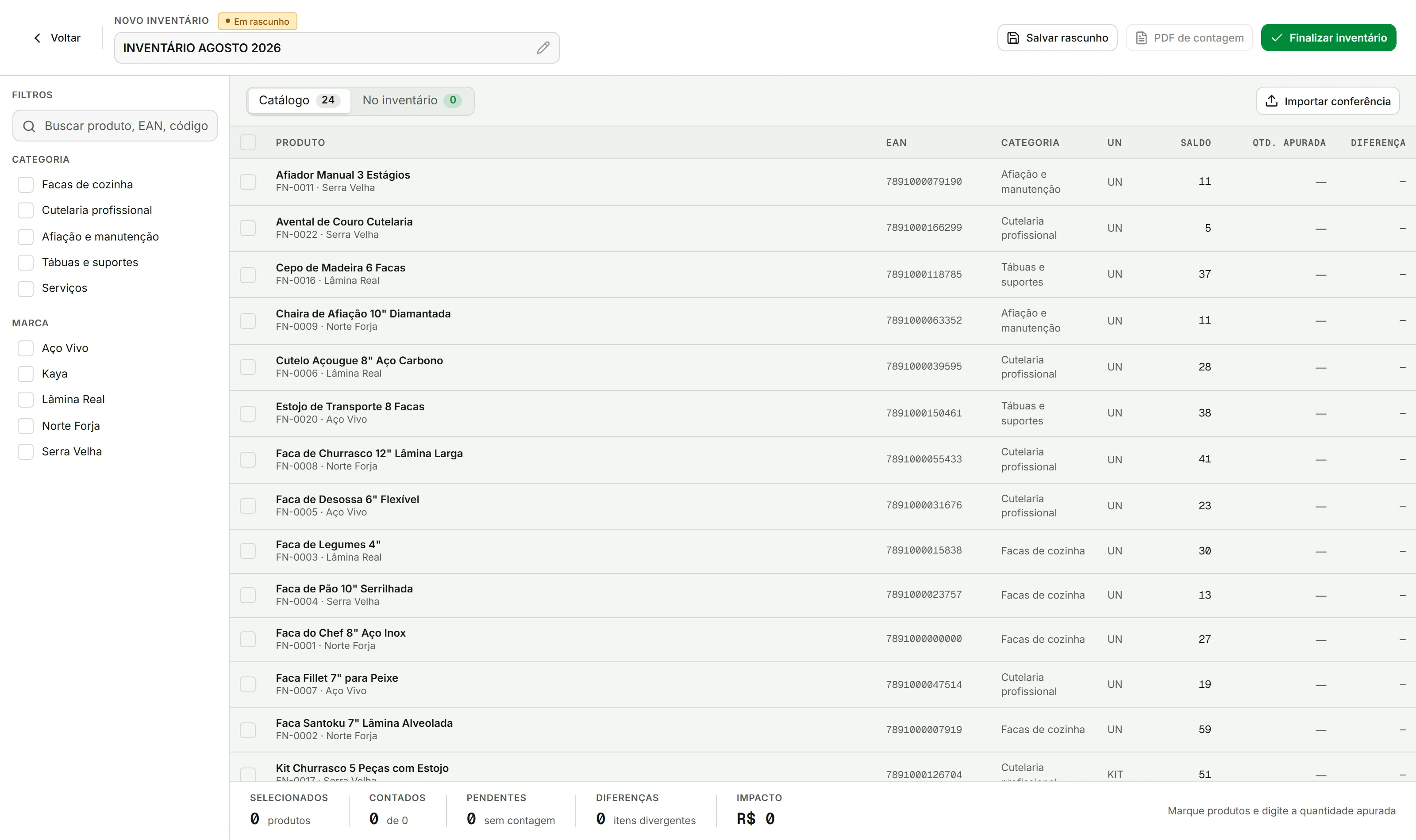 Tela de novo inventário com os filtros de categoria e marca à esquerda, a tabela de produtos no centro e o resumo de contados e pendentes no rodapé