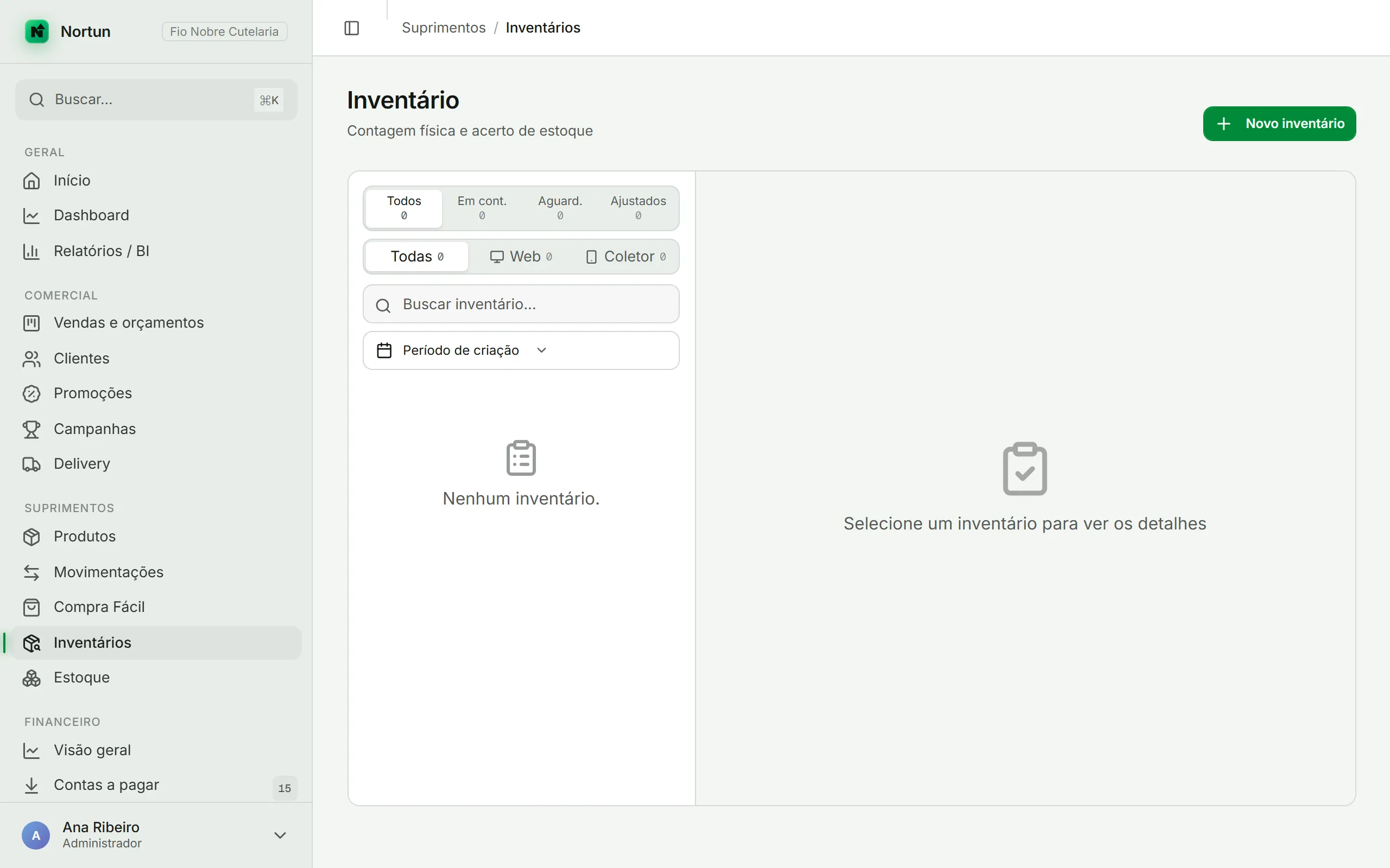Tela de Inventários com a lista à esquerda, os filtros por status e origem, e a área de detalhe à direita