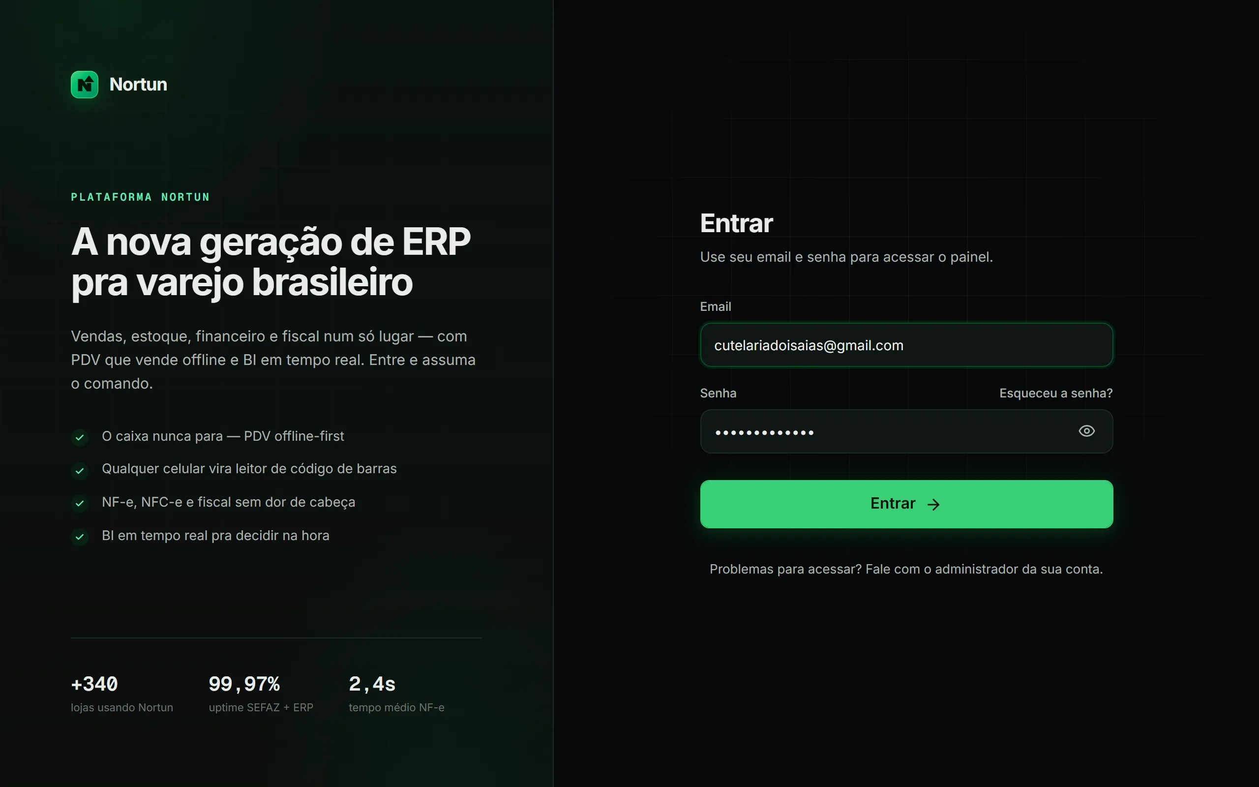 Tela de login do Nortun, com os campos de e-mail e senha e o link de recuperação