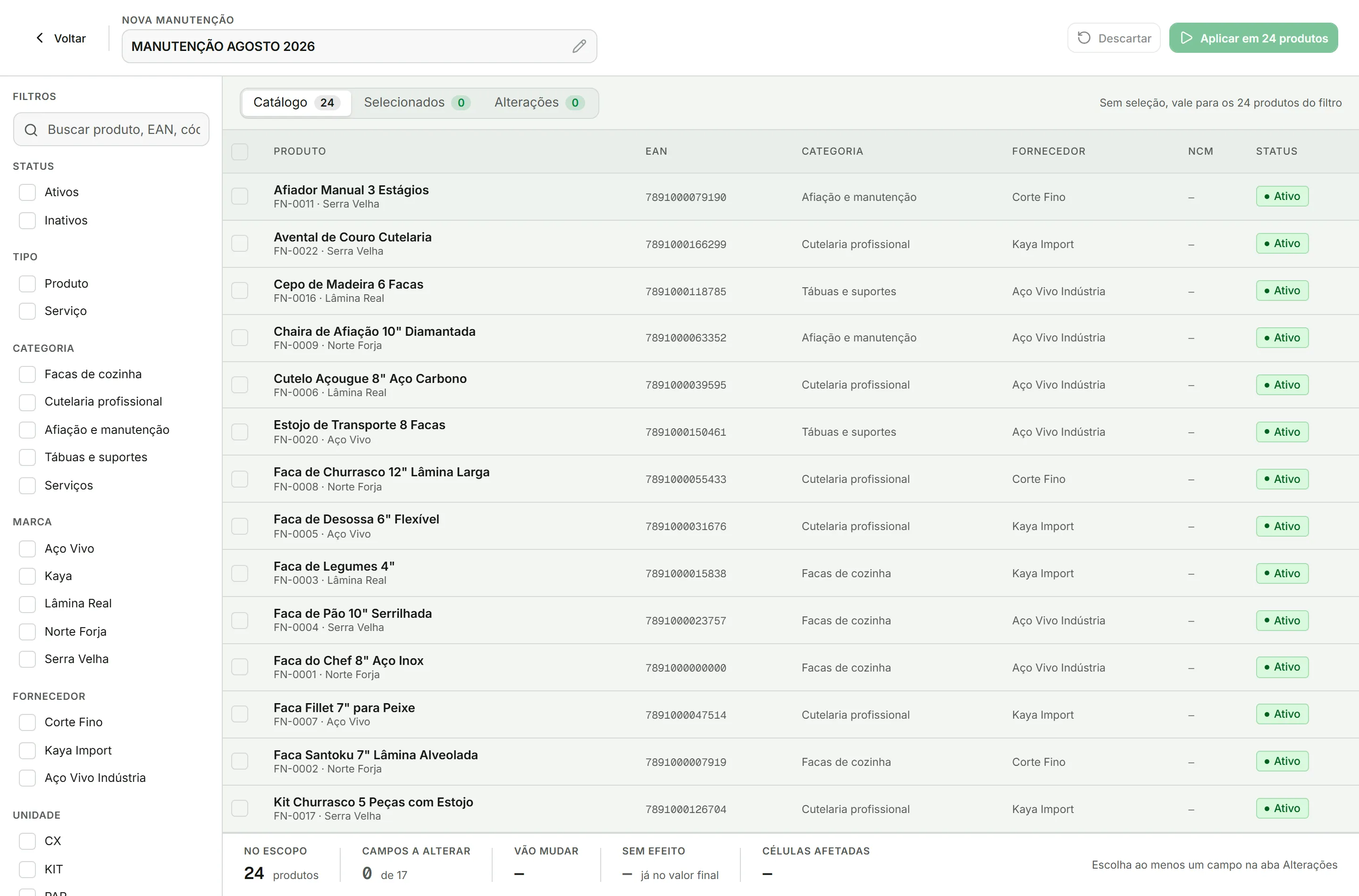 Tela de nova manutenção com os filtros do catálogo à esquerda e a lista de produtos do escopo