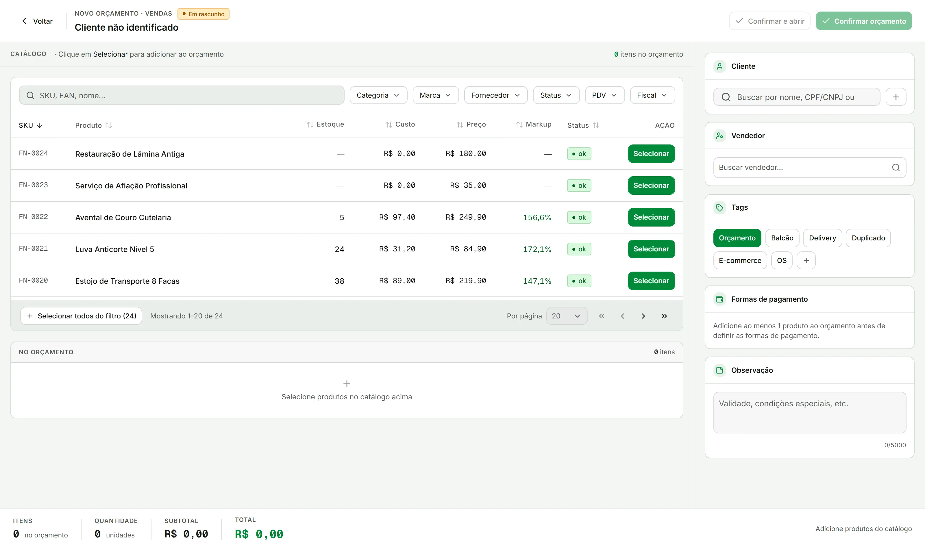 Tela de novo orçamento com o catálogo de produtos à esquerda, o carrinho abaixo e o painel de cliente, vendedor e formas de pagamento à direita