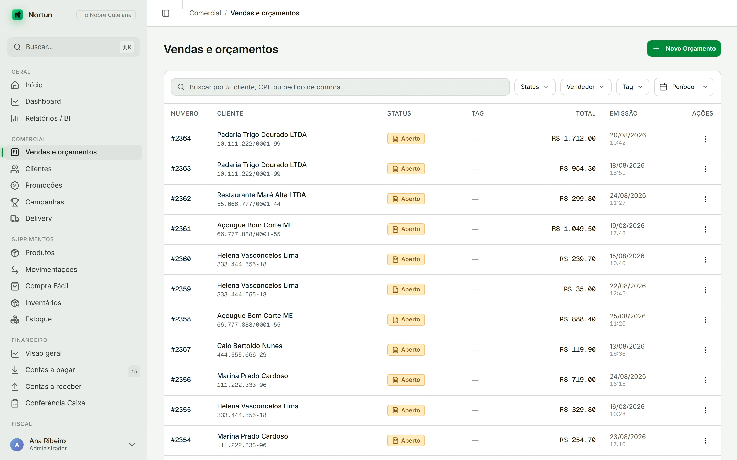 Tela de Vendas e orçamentos com a busca, os filtros de status, vendedor, tag e período, e o botão Novo Orçamento