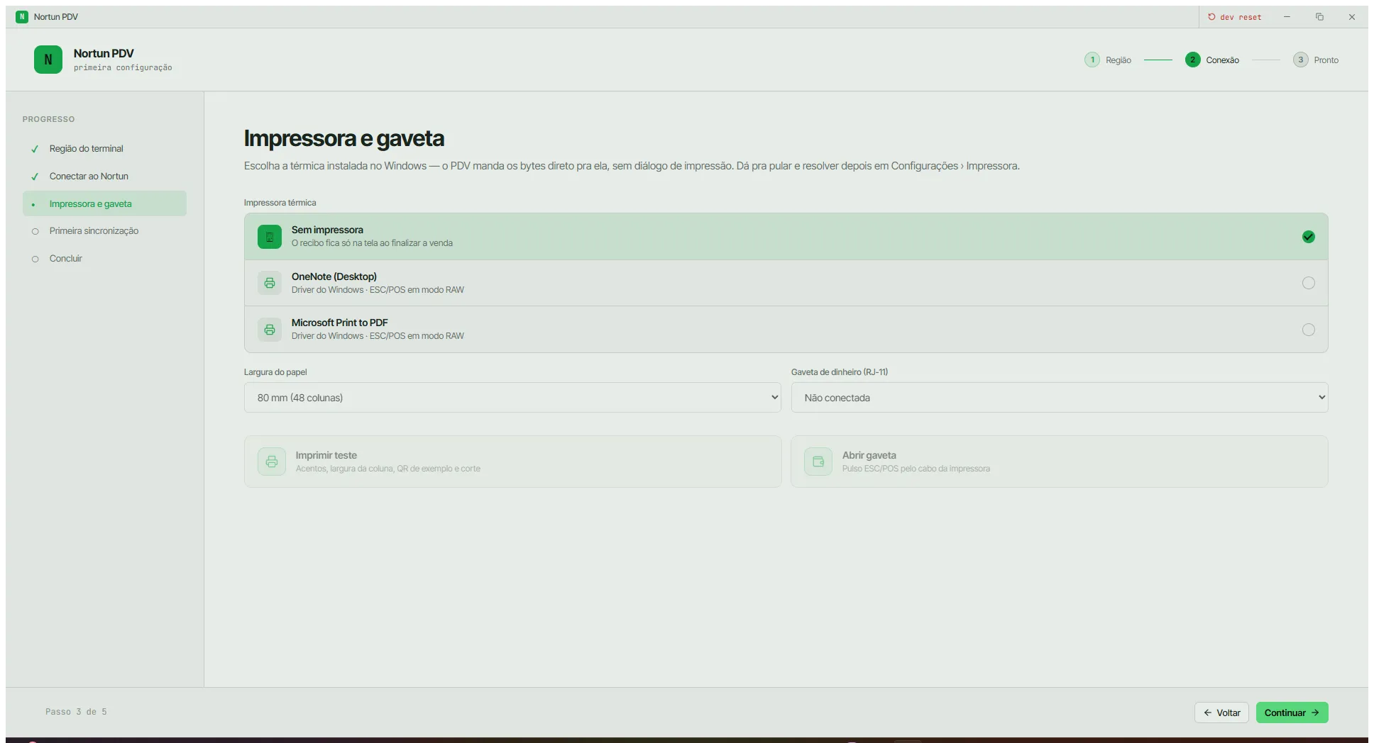 Terceiro passo, com a lista de impressoras instaladas no Windows, os seletores de largura do papel e gaveta, e os botões de imprimir teste e abrir gaveta