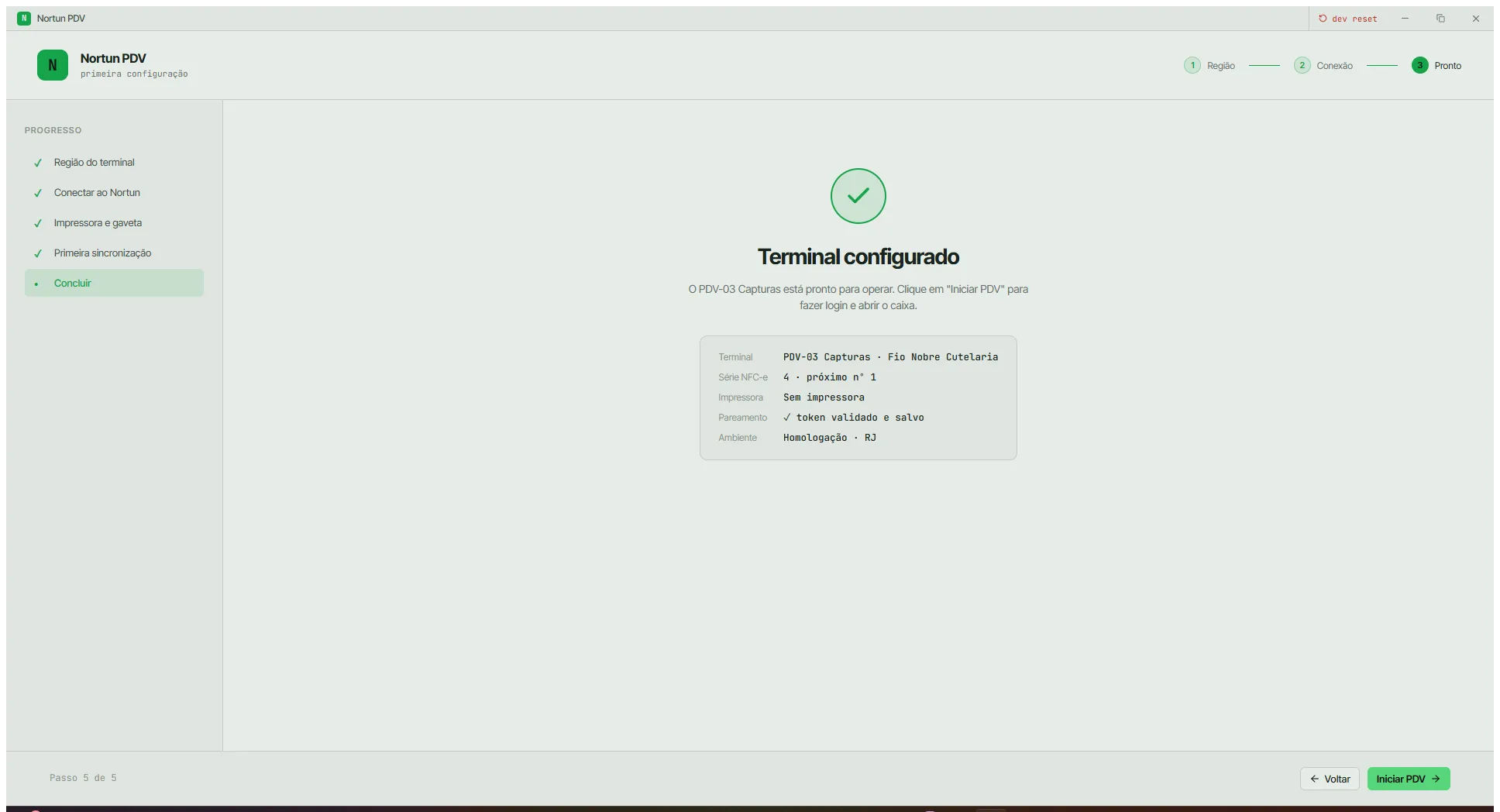 Último passo do assistente confirmando o terminal configurado, com o resumo de nome, série da NFC-e, impressora, pareamento e ambiente