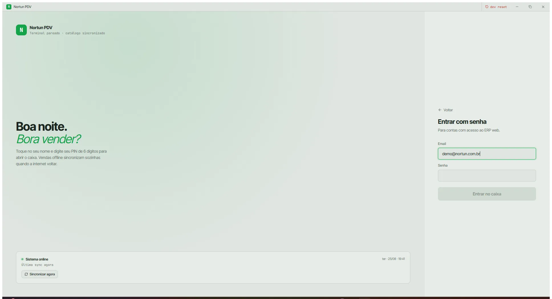 Painel lateral de entrada com e-mail e senha, com o aviso de que serve para contas com acesso ao ERP web