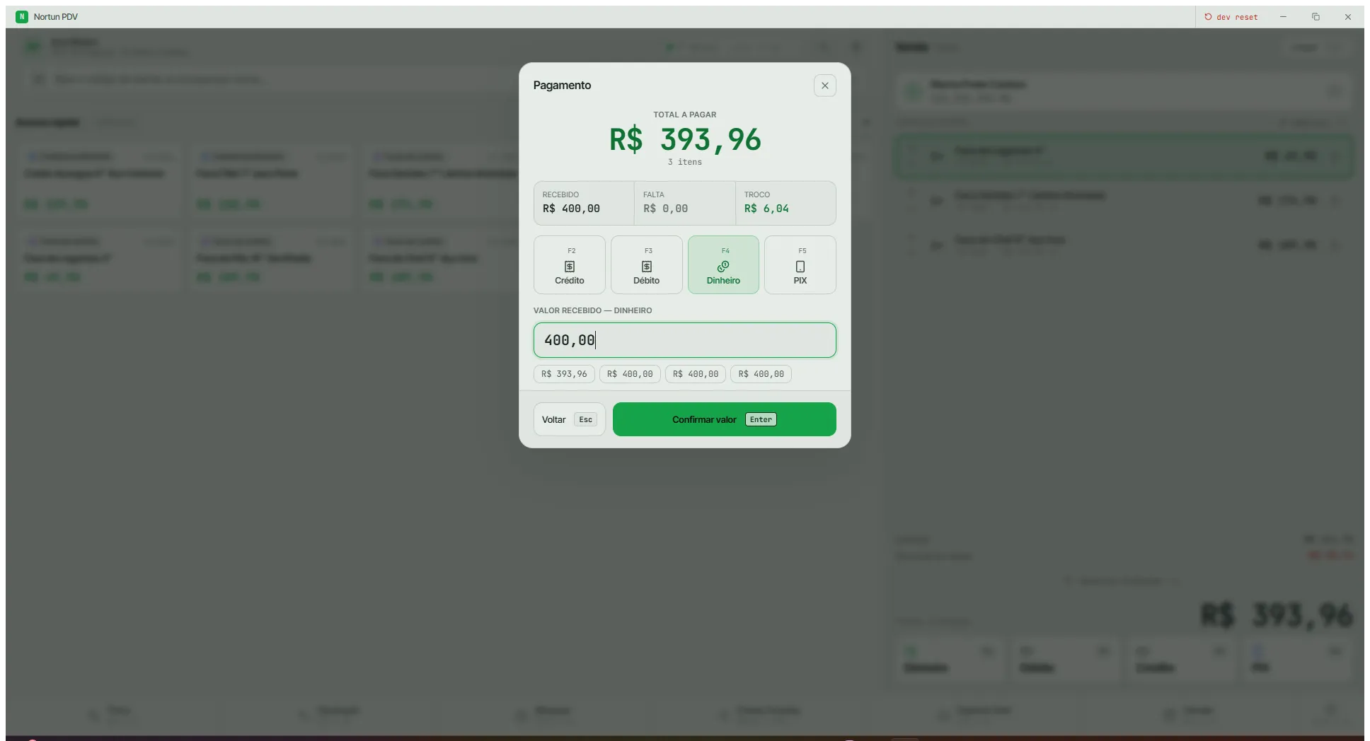 Modal de pagamento mostrando o total a pagar, as caixas de recebido, falta e troco, os quatro botões de forma de pagamento e o campo do valor recebido