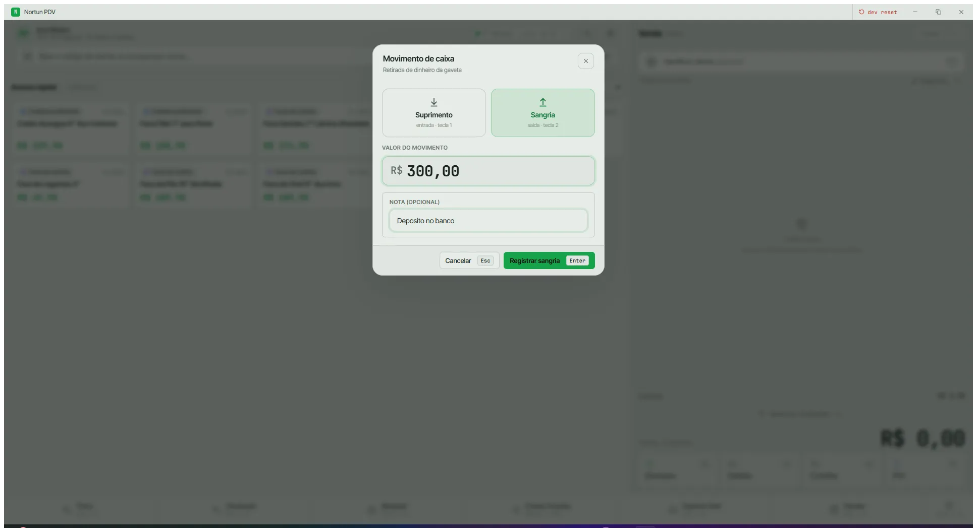 Modal de movimento de caixa com Sangria selecionada, o valor de 300 reais digitado e a nota 'Depósito no banco' preenchida