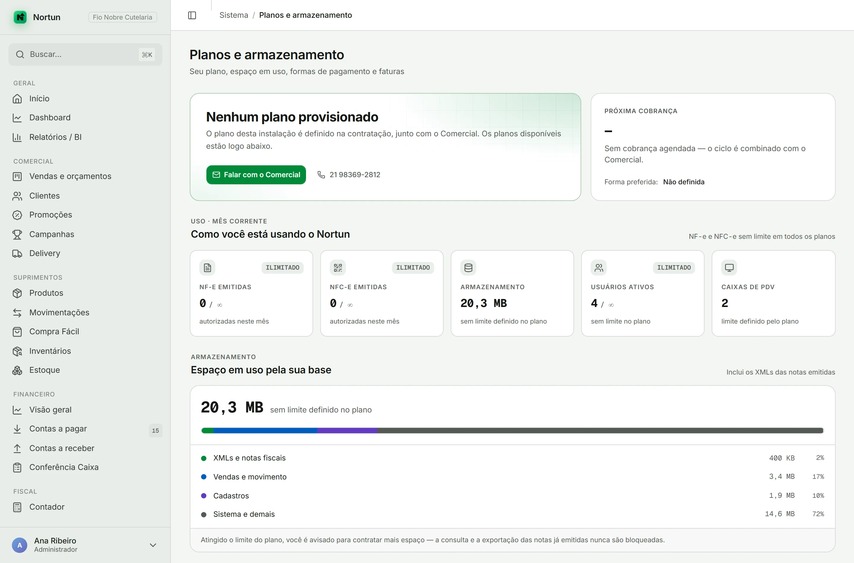 Tela de planos e armazenamento com o consumo por categoria, os complementos contratáveis e o resumo da mensalidade