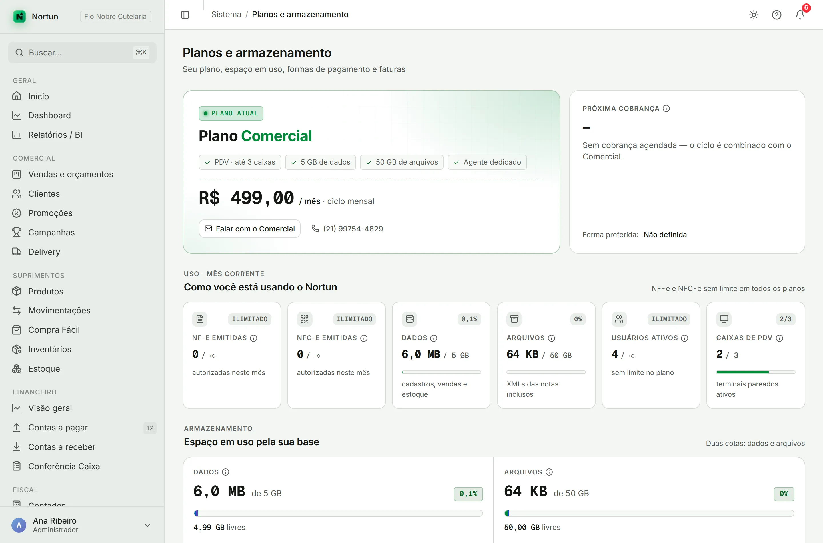 Tela de planos e armazenamento com as cotas de dados e de arquivos, os complementos contratáveis e o resumo da mensalidade