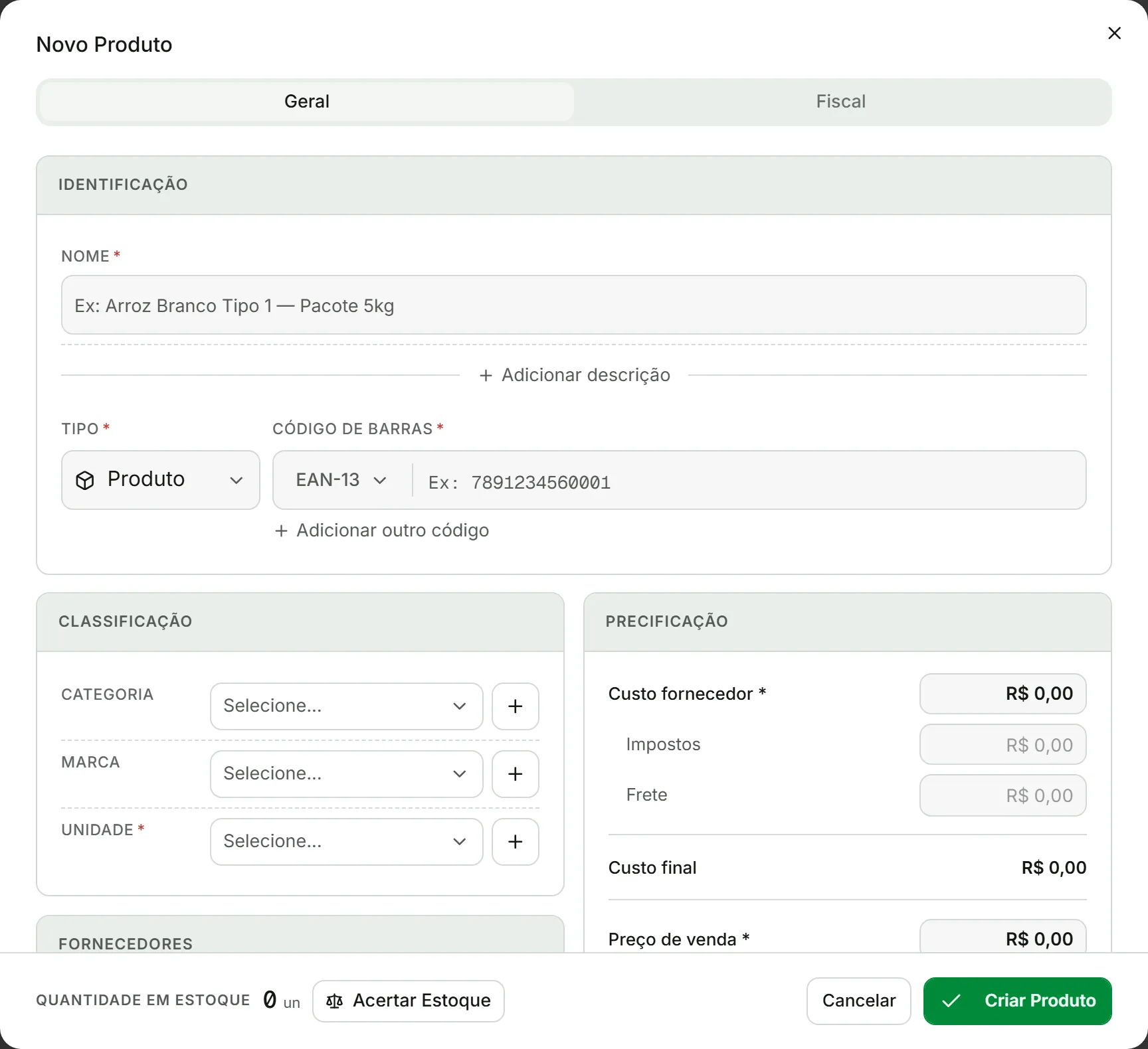 Janela Novo Produto na aba Geral, com os cards Identificação, Classificação e Precificação