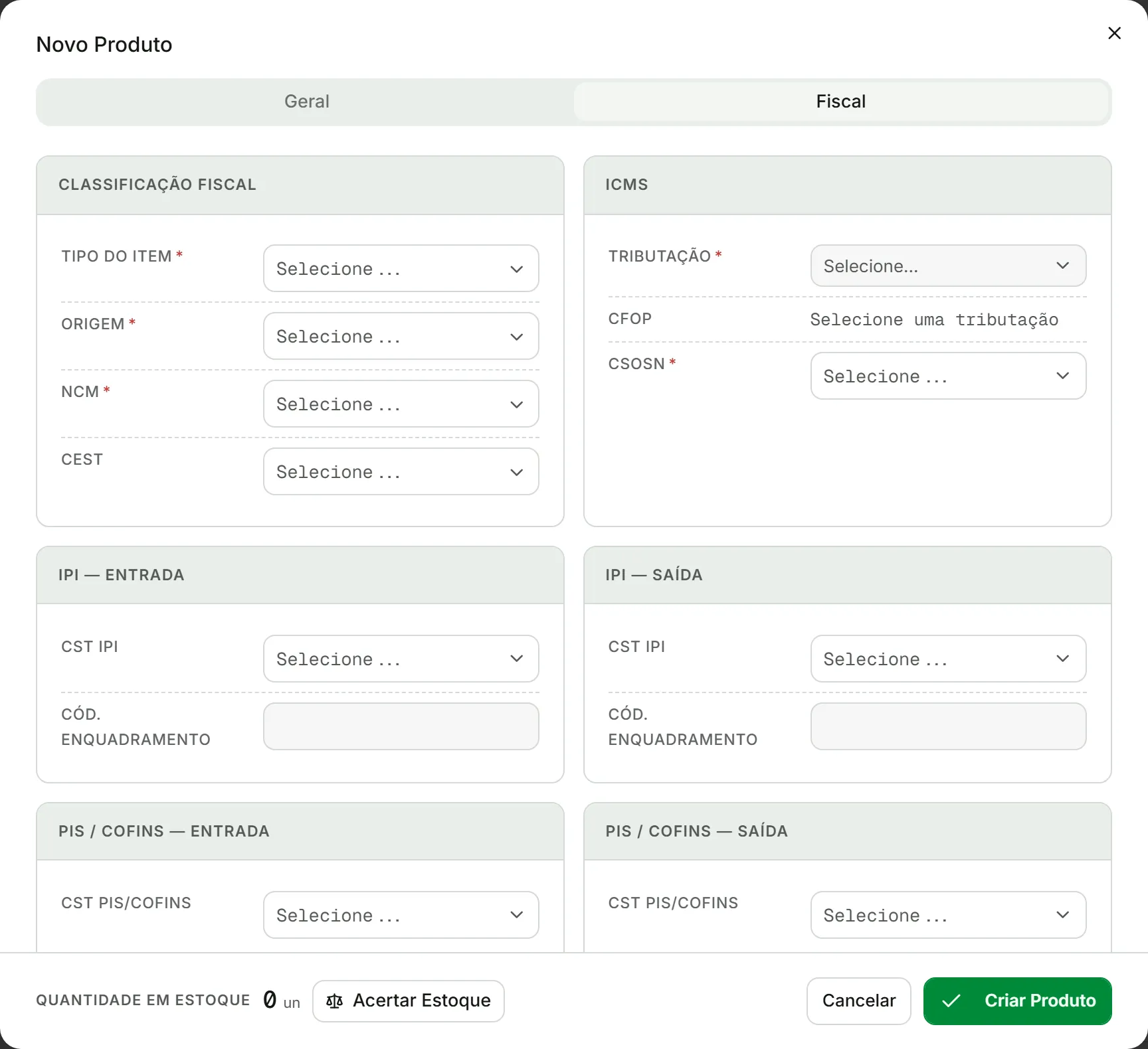 Janela Novo Produto na aba Fiscal, com os cards de classificação fiscal, ICMS, IPI e PIS/COFINS