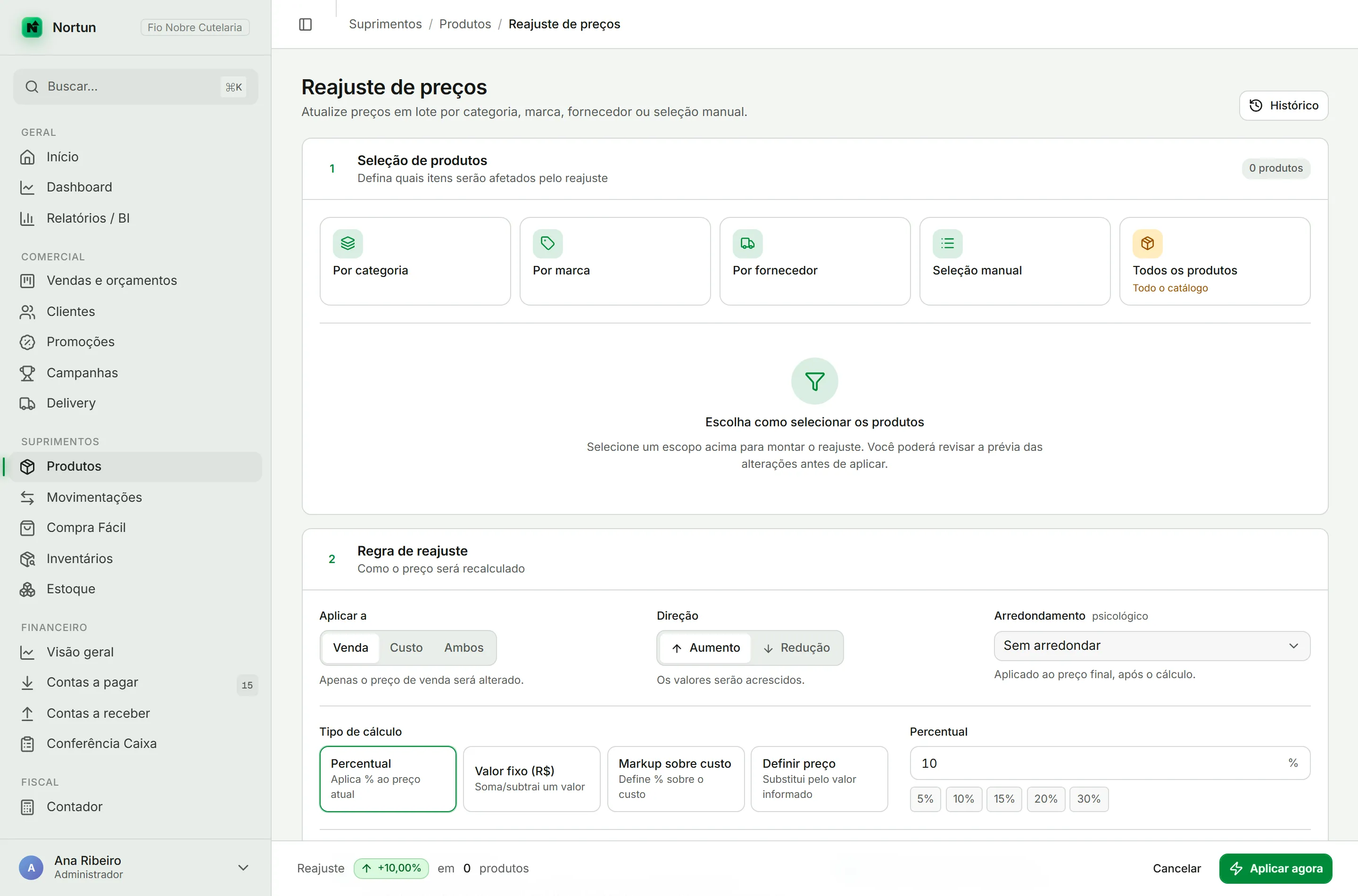 Tela de reajuste de preços com as opções de escopo no topo e a regra de reajuste abaixo, com tipo de cálculo e arredondamento