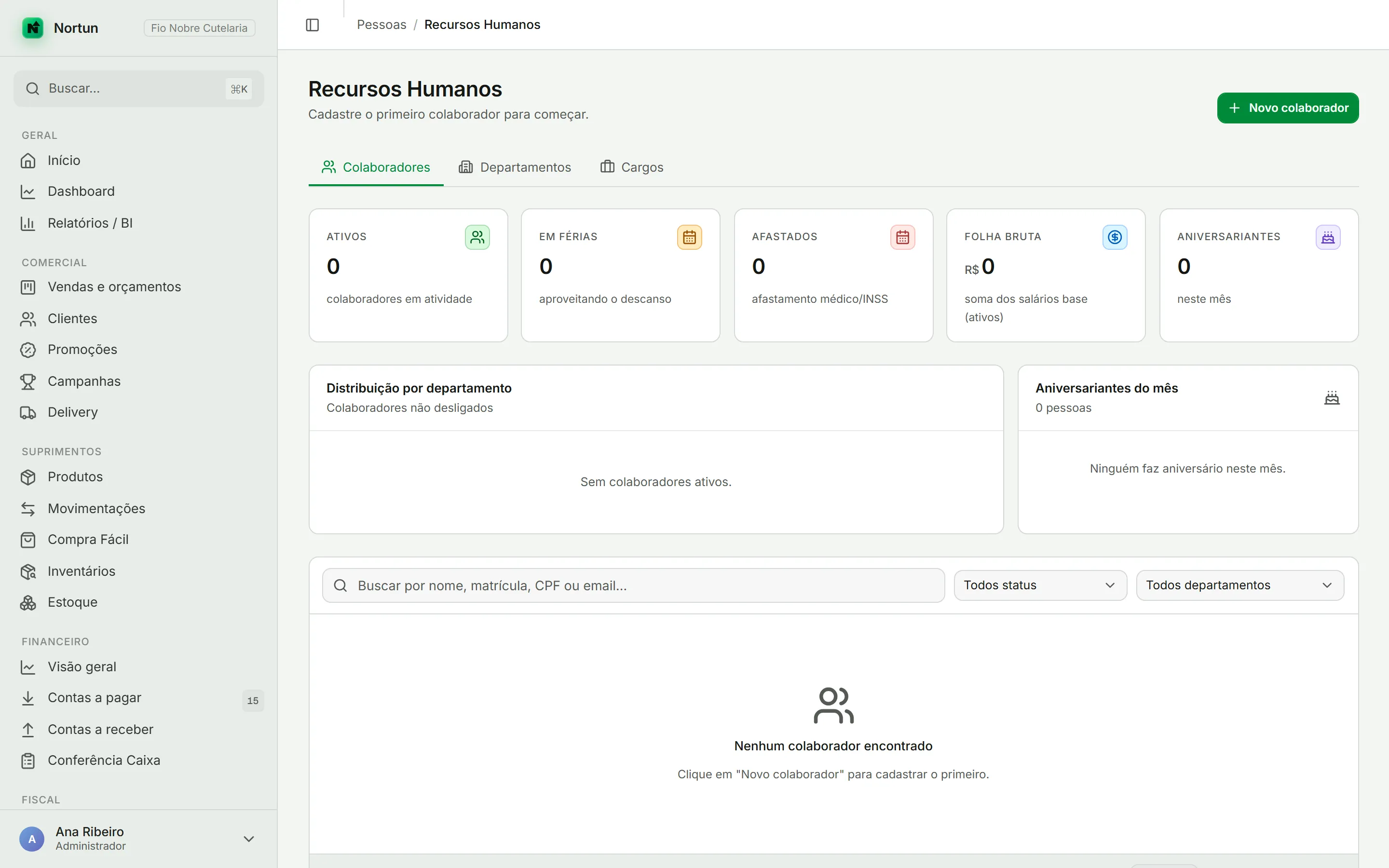 Tela de Recursos Humanos com os indicadores de ativos, em férias e folha bruta, a distribuição por departamento e a lista de colaboradores
